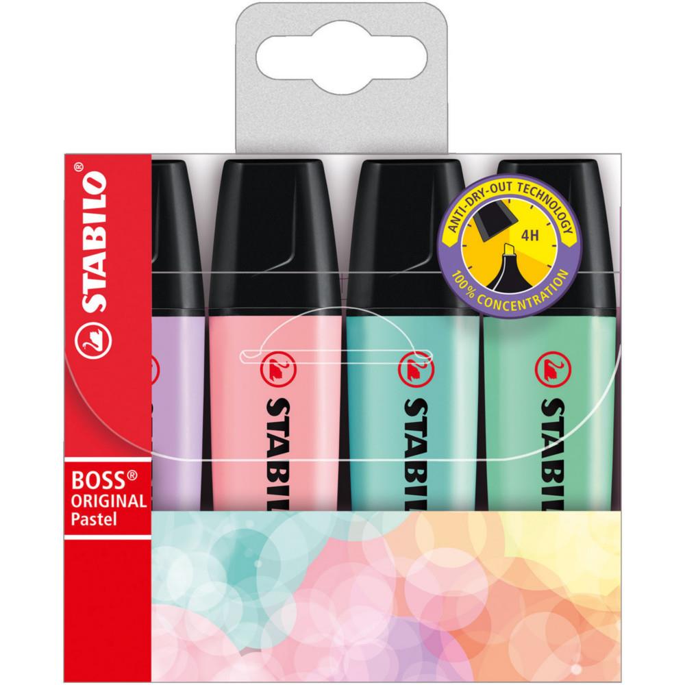 Surligneur  corps plat, BOSS Original, couleurs pastel assorties, pointe biseaute, 2-5 mm (blister 4 units)