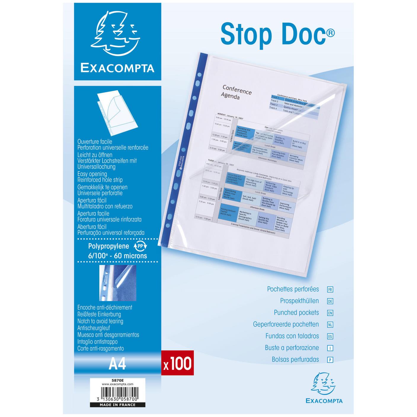 Pochettes perfores STOP DOC Exacompta - polypropylne 6/100me - aspect lisse - A4 - bote de 100