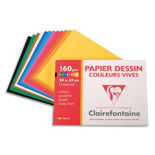 Feuilles papier dessin couleur Clairefontaine - teintes vives - 160g - 24x32cm - pochette de 12