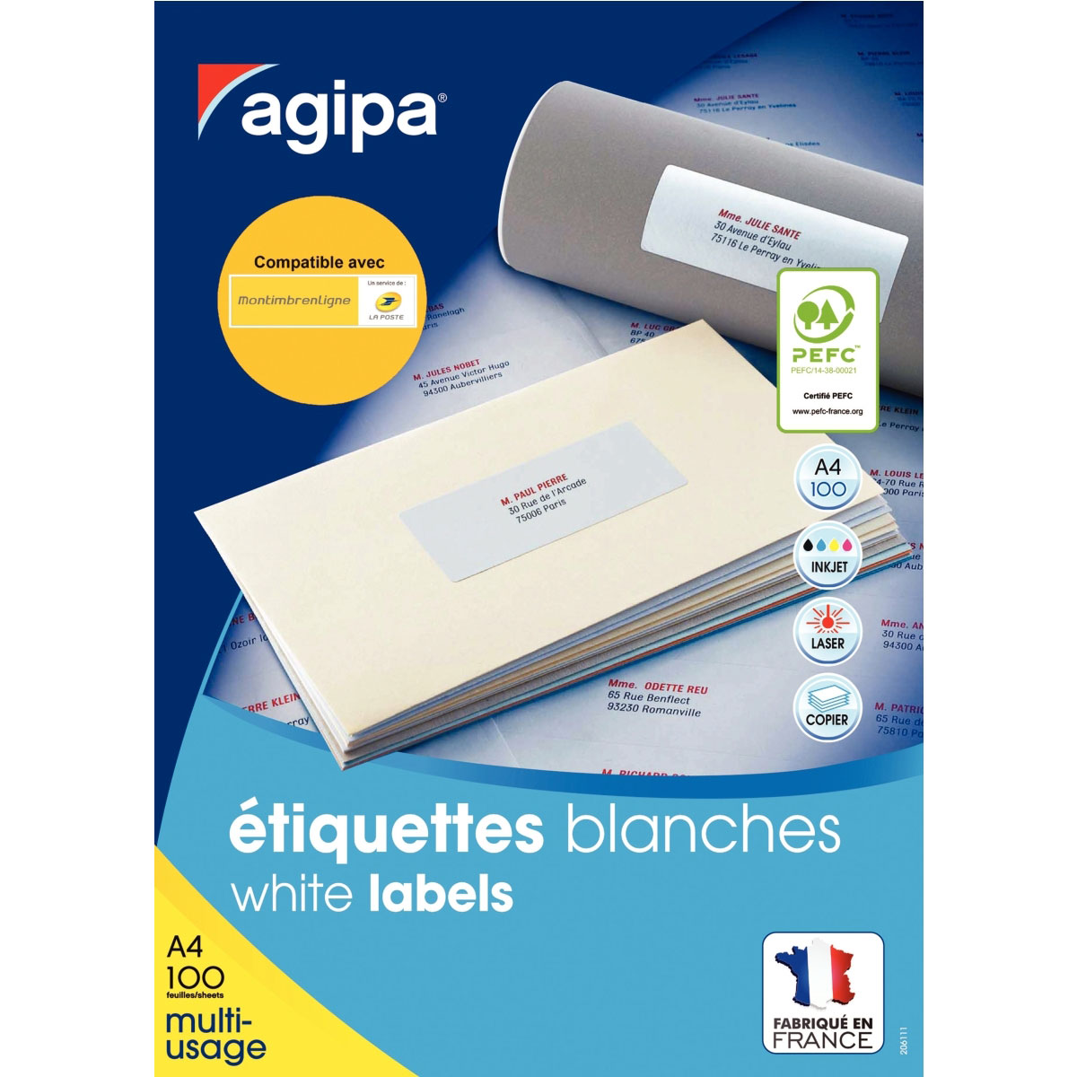 Étiquettes Adhésives Apli Agipa 100pcs - 210x297mm Blanc Anti-bourrage