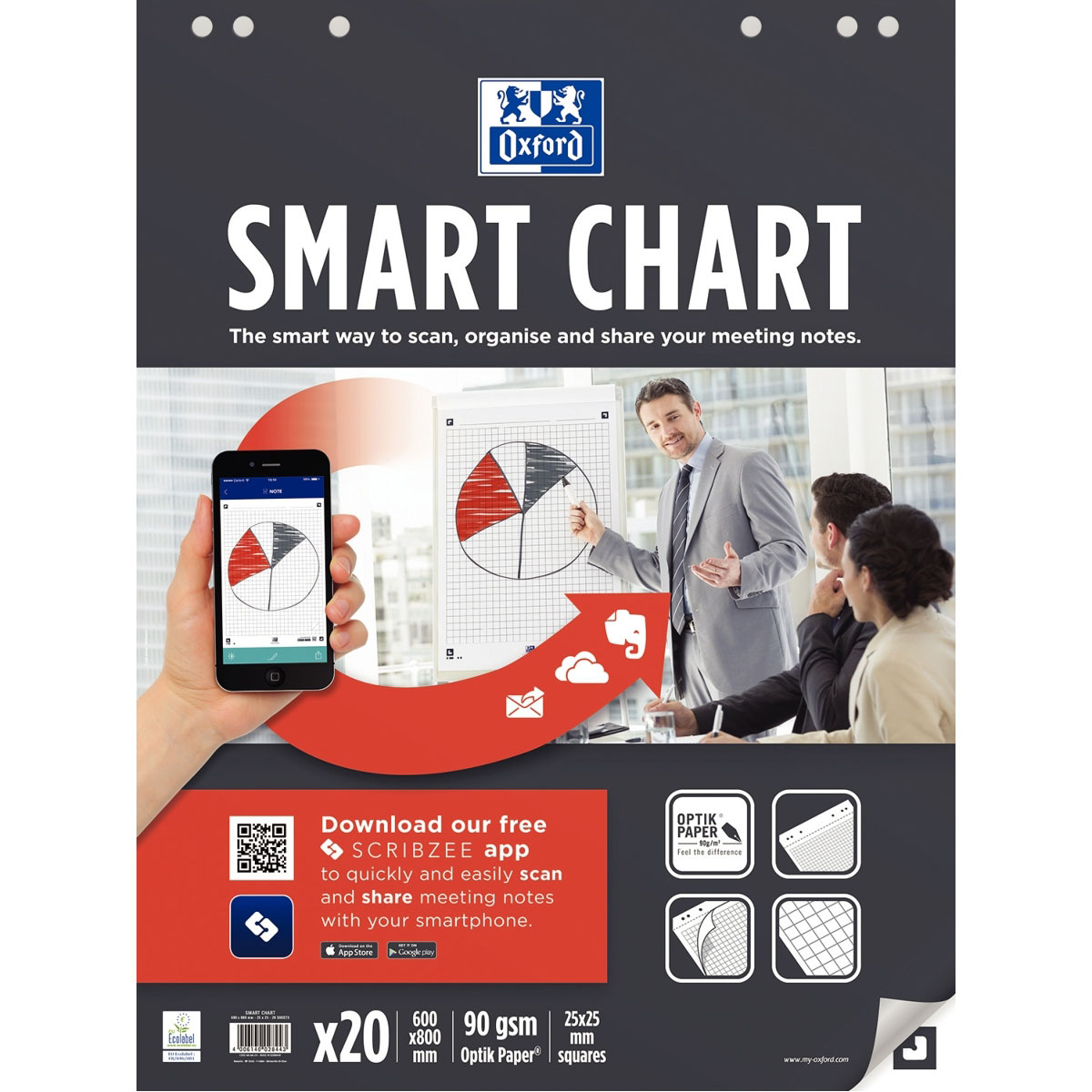 Recharge papier Oxford Smartchart pour tableaux et chevalets - 90g - 65 x 100 cm - uni - 20 feuilles