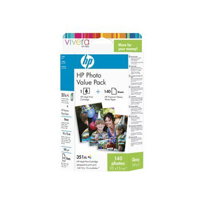 HP Photo Value Pack 351XL - Cartouche imprimante/kit papier - 1 x couleur (cyan, magenta, jaune) - 140 images ( 140 feuille(s) - pour Officejet J5730; PhotoSmart A432, A433, A436, A516, A612, A717, C4480, C4580, D5360