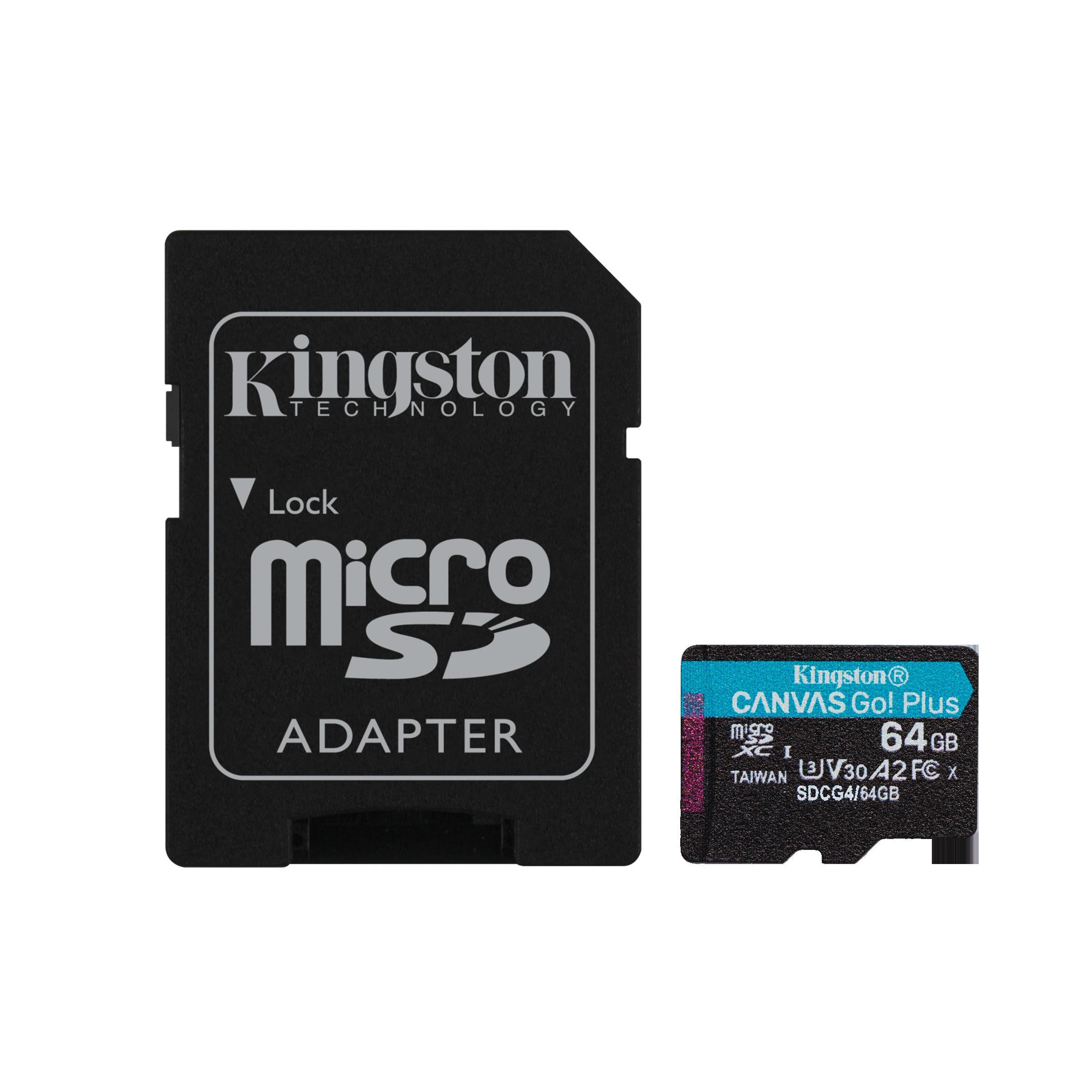 Kingston technology carte microsdxc canvas go plus gen4 200 mo/s a2 u3 v30 64 go + adaptateur