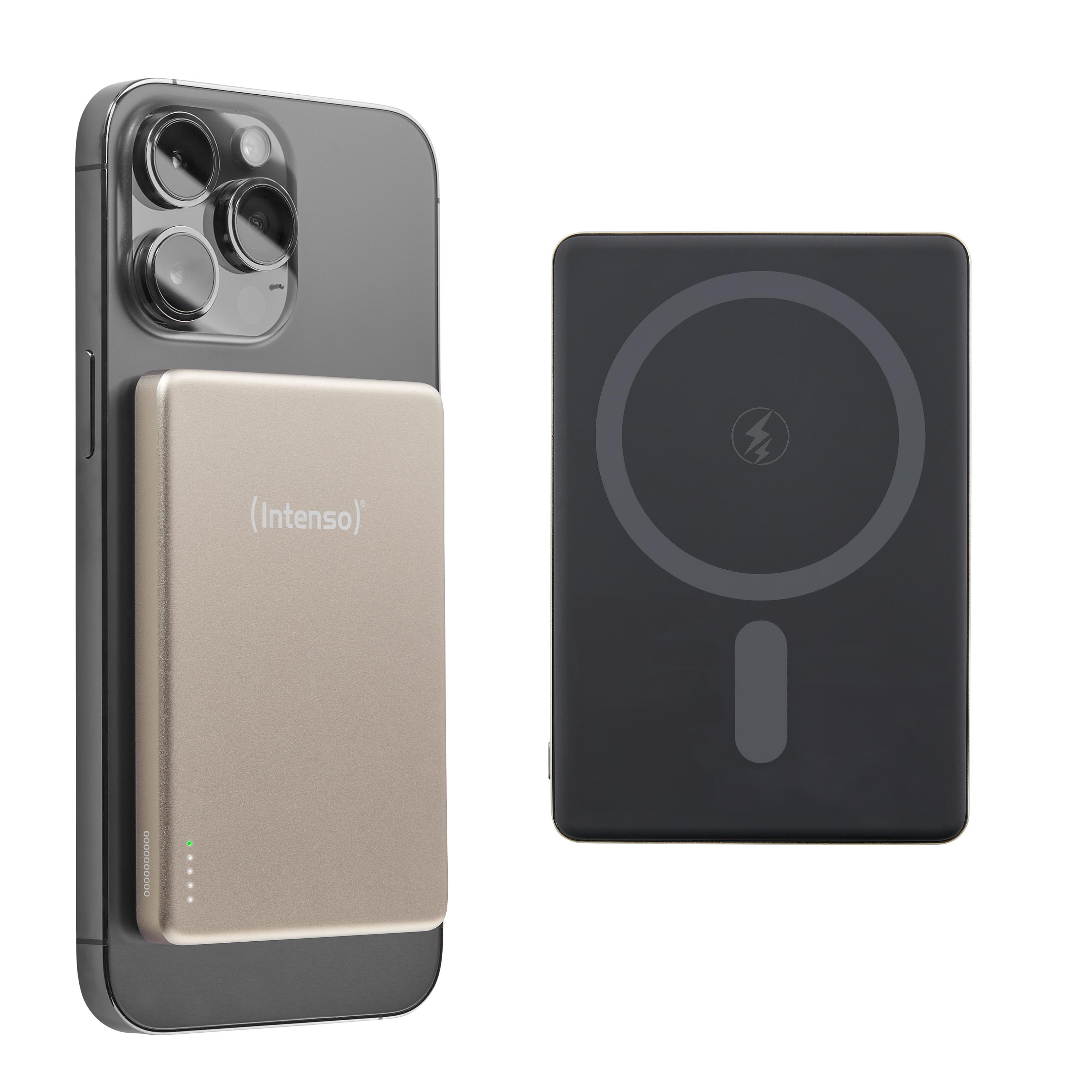 Batterie de secours externe (power bank) - Intenso batterie externe magntique mw5000 5000 mah - compatible magsafe, charge sans fil 15w, usb-c pd 20w, fine & compacte - teste en allemagne - champagne