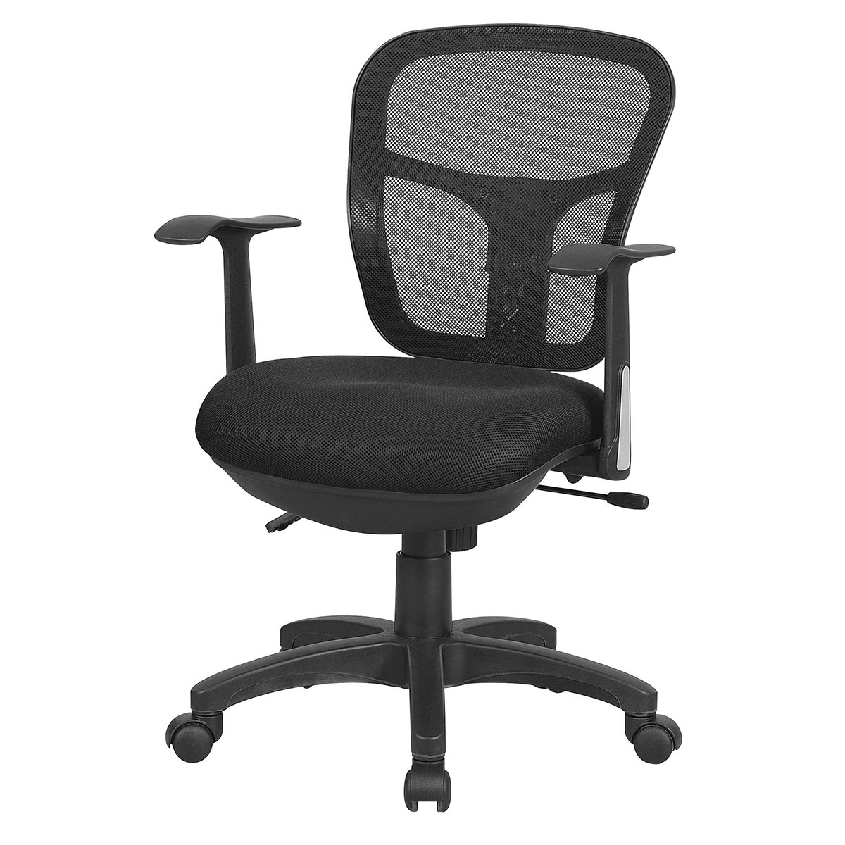 Sige basculant centr - Structure Noire - Dossier en rsille Noire - Assise en Tissu nid d'abeille Noir - Accoudoirs fixes inclus - 1/5h - Garantie 3 ans
