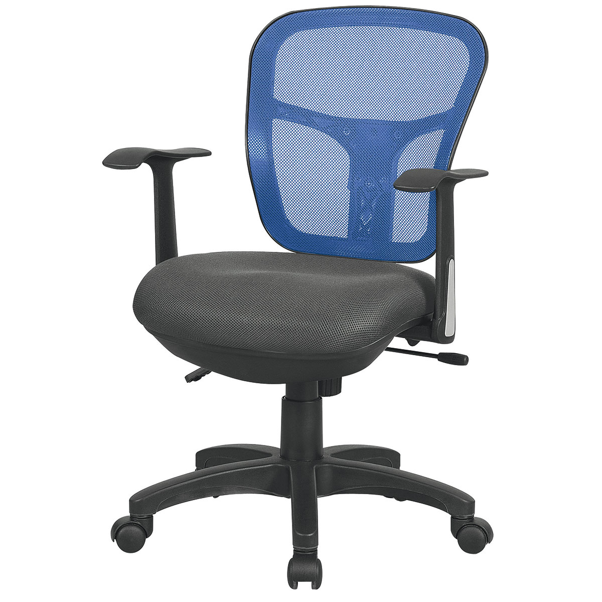 Sige basculant centr - Structure Noire - Dossier en rsille bleue - Assise en Tissu nid d'abeille Noir - Accoudoirs fixes inclus - 1/5h - Garantie 3 ans.