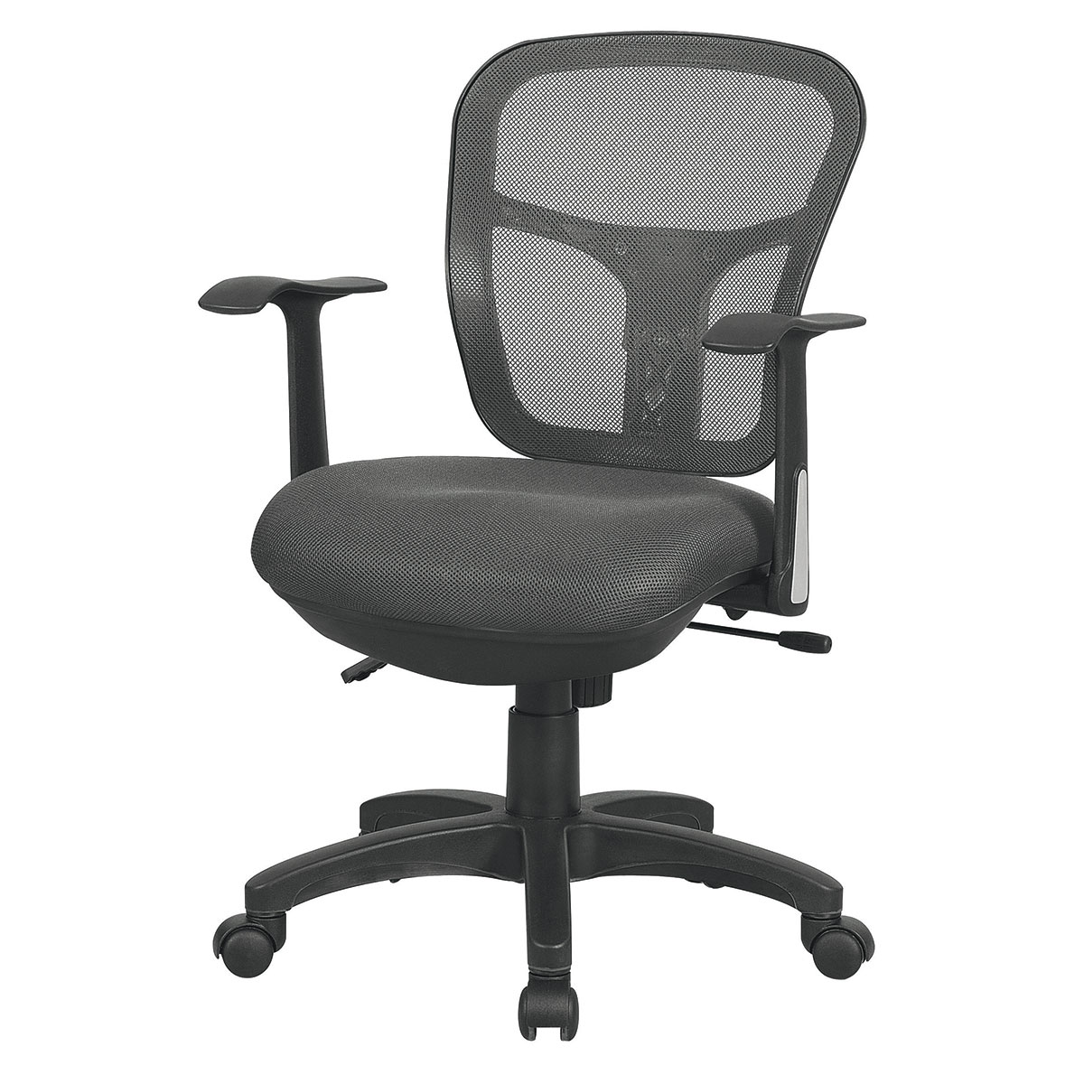 Sige basculant centr - Structure Noire - Dossier en rsille grise - Assise en Tissu nid d'abeille gris - Accoudoirs fixes inclus - 1/5h - Garantie 3 ans