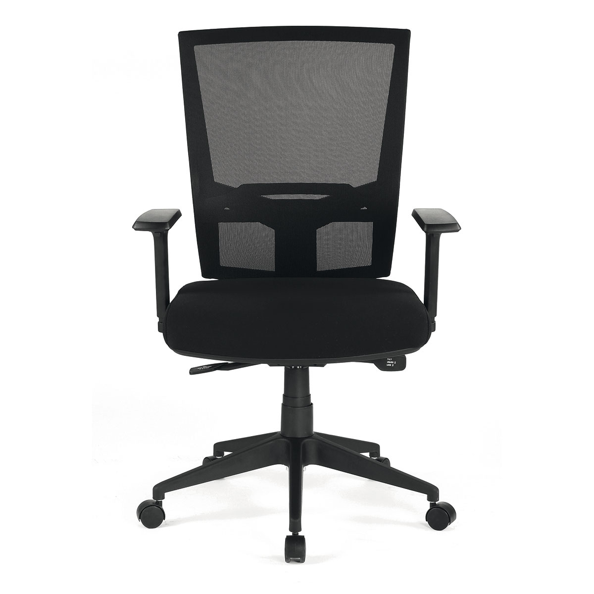 Sige synchrone 4 positions - Structure Noire - Dossier en rsille Noire - Assise en Tissu Noir - Rglage automatique de la tension - Accoudoirs 1D inclus - 5/8h - Garantie 3 ans