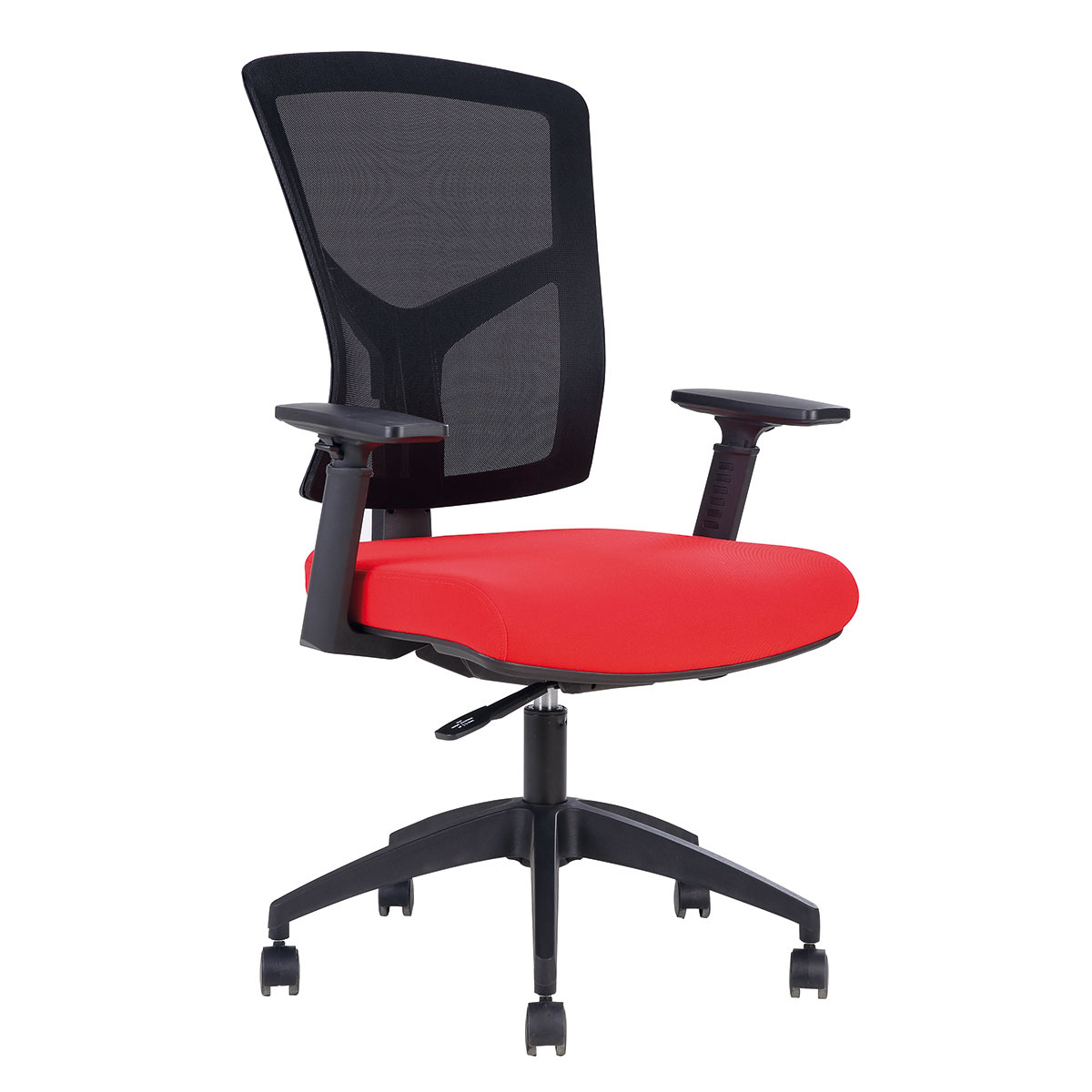 Sige synchrone 4 positions - Structure Noire - Dossier en rsille Noire - Assise en Tissu Rouge - Rglage automatique de la tension - Accoudoirs 1D inclus - 5/8h - Garantie 5 ans