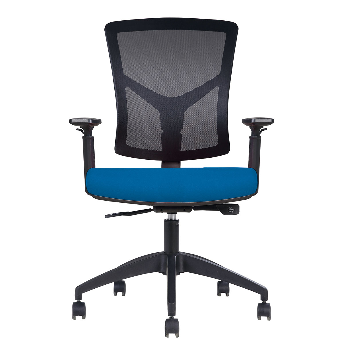 Sige synchrone 4 positions - Structure Noire - Dossier en rsille Noire - Assise en Tissu Bleu - Rglage automatique de la tension - Accoudoirs 1D inclus - 5/8h - Garantie 5 ans