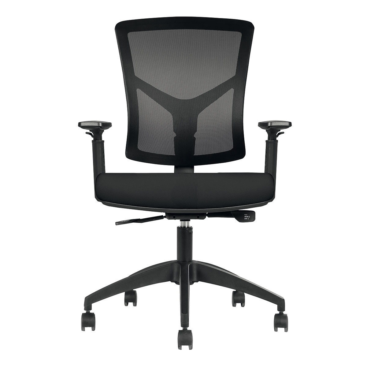 Sige synchrone 4 positions - Structure Noire - Dossier en rsille Noire - Assise en Tissu Noir - Rglage automatique de la tension - Accoudoirs 1D inclus - 5/8h - Garantie 5 ans