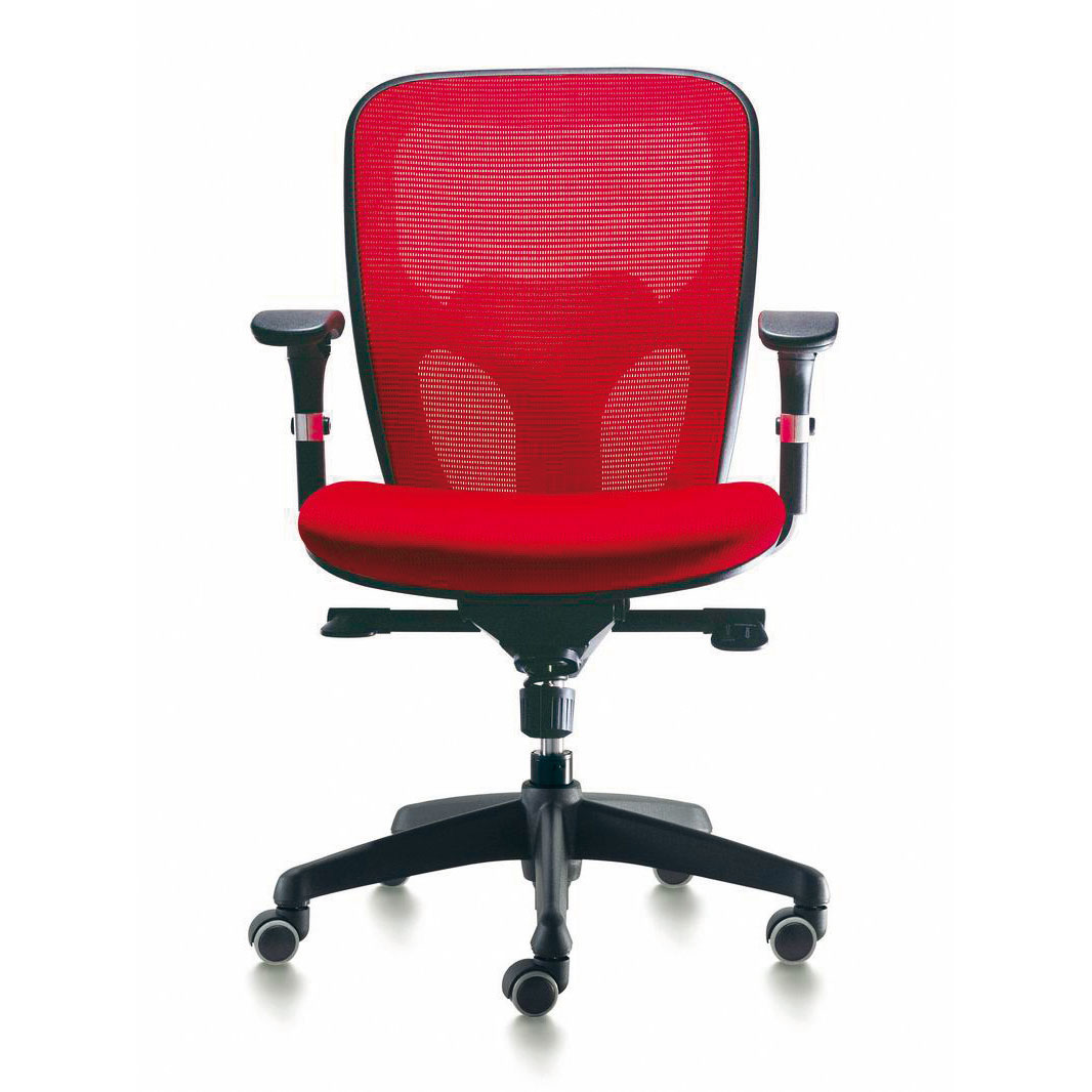 Fauteuil synchrone 5 positions - Structure Noire - Assise et dossier en rsille Rouge - Accoudoirs 2D inclus - 8/12h - Garantie 5 ans