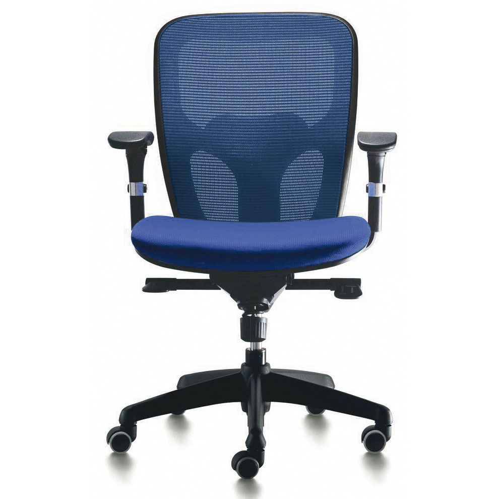 Fauteuil synchrone 5 positions - Structure Noire - Assise et dossier en rsille Bleue - Accoudoirs 2D inclus - 8/12h - Garantie 5 ans.