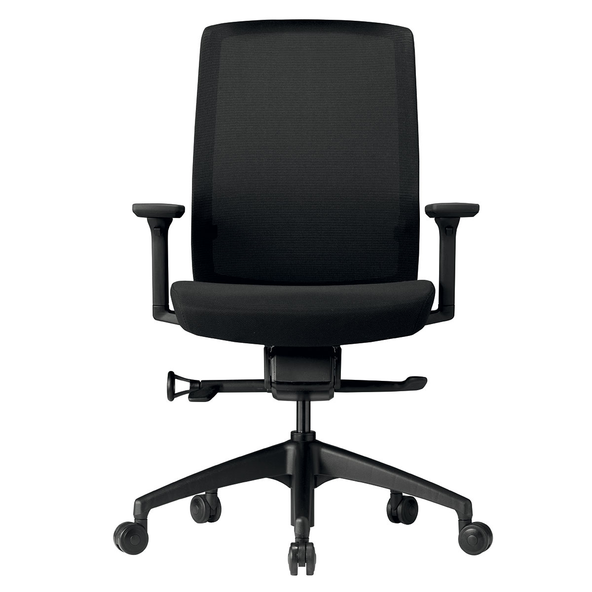 Fauteuil synchrone 4 positions  - Translation d'assise - Structure Noire - Dossier rsille noire - Assise Tissu Noir - 8/12h - Garantie 5 ans