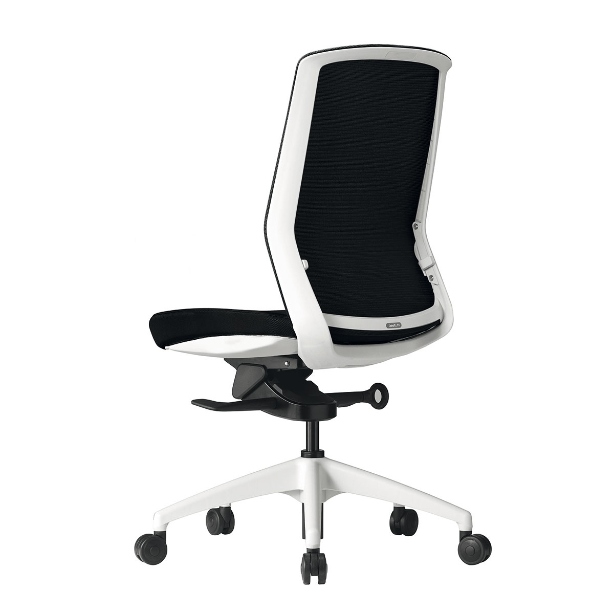Fauteuil synchrone 4 positions  - Translation d'assise - Structure Blanche - Dossier rsille Noire - Assise Tissu Noir - 8/12h - Garantie 5 ans
