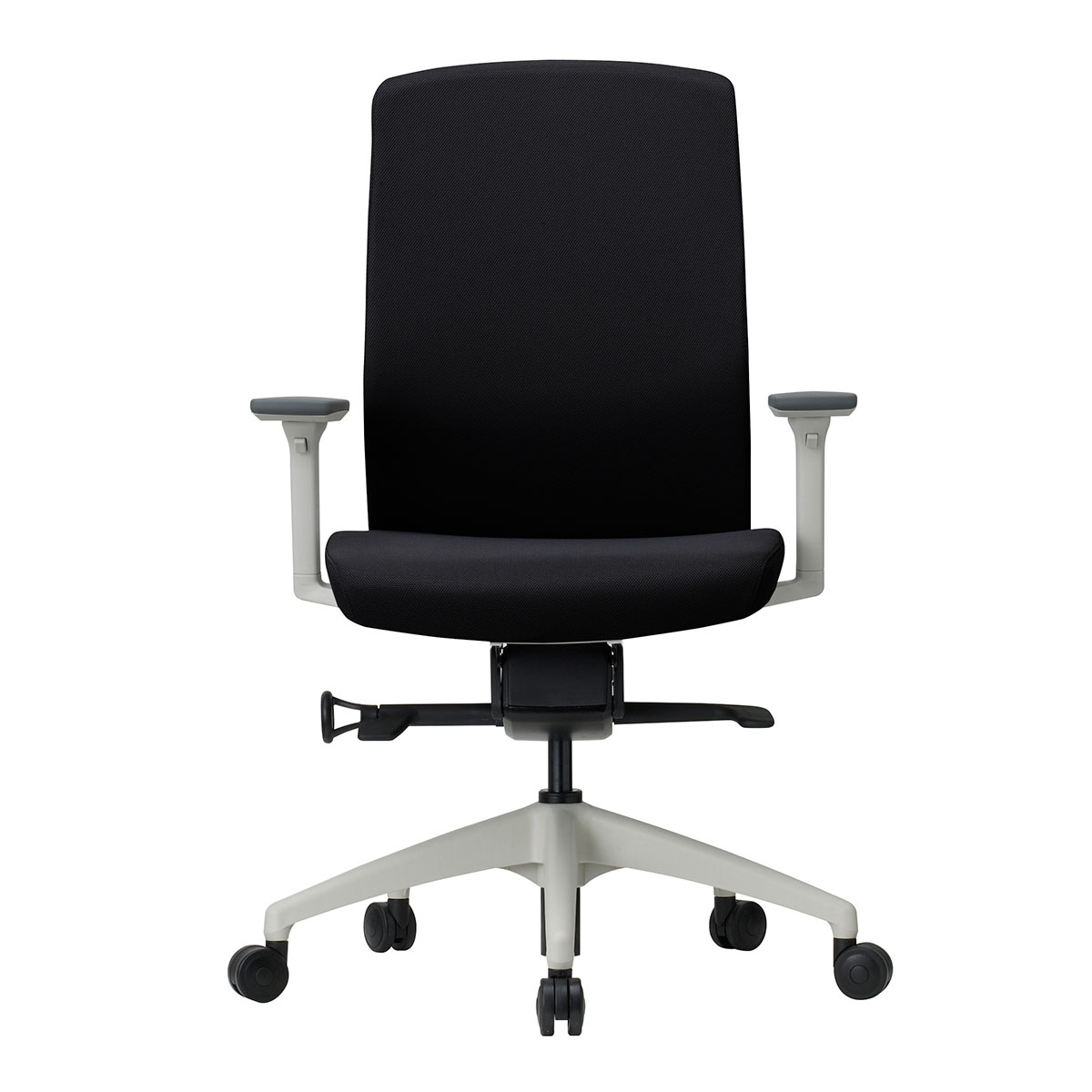 Fauteuil synchrone 4 positions  - Translation d'assise - Structure Blanche - Assise et dossier Tissu Noir - 8/12h - Garantie 5 ans