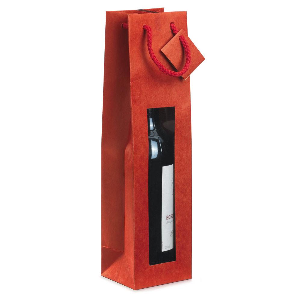 Sac kraft rouge � fen�tre et poign�es cordeli�res pour 1 bouteille 9,8 x 38 x 8,8 cm