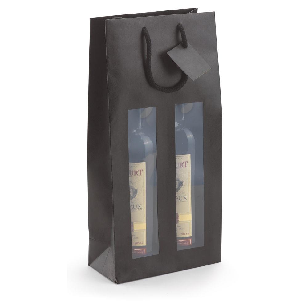 Sac kraft noir  fentre et poignes cordelires pour 2 bouteilles 18 x 38 x 9 cm