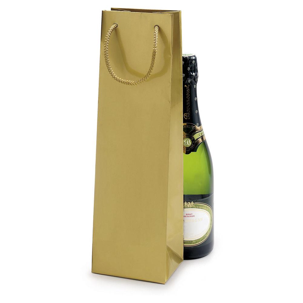 Sac pellicul brillant or  poignes cordelires pour 1 bouteille 10 x 40 x 10 cm