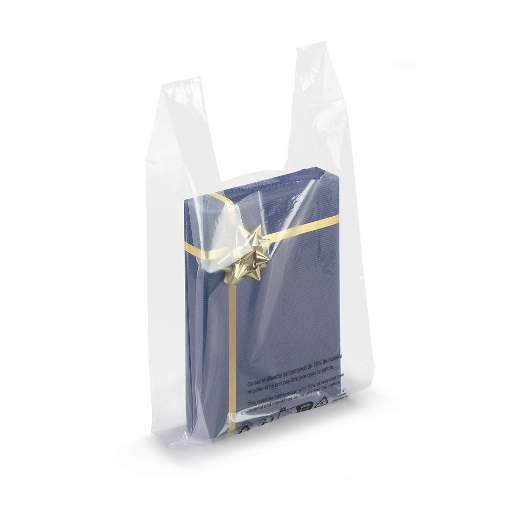 Sac plastique blanc 70% recycl  bretelles 26 x 45 x 12 cm