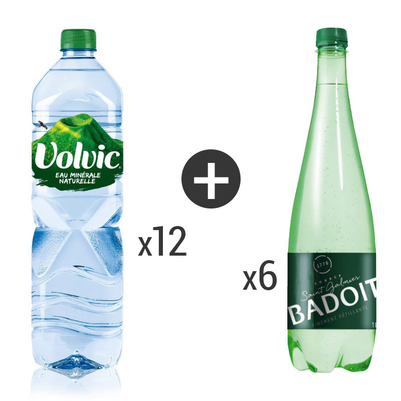 Pack 12 bouteilles d'eau Volvic + 6 bouteilles d'eau Badoit