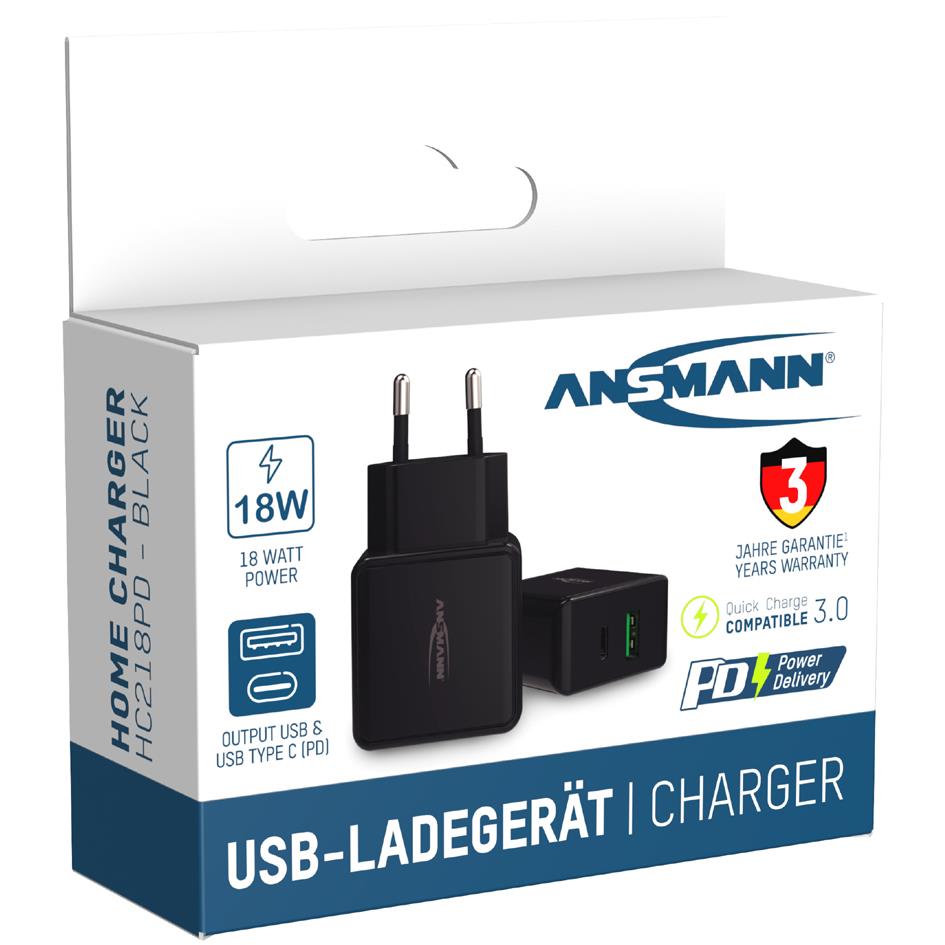 ANSMANN Chargeur USB Home Charger HC218PD, 2x port USB, noir