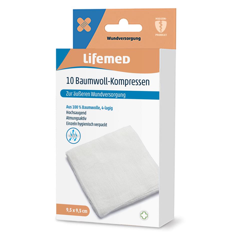 Lifemed Compresse de coton, 95 x 95 mm, blanc